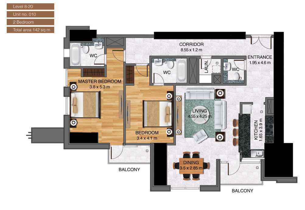 Level-8-20,Unit-no-10-,2-Bedroom-,Size-142-Sq m